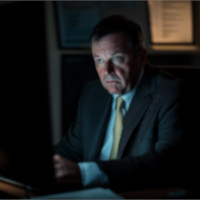 a man wearing a suit and tie is looking at a computer monitor