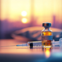 a syringe behind a vial of medication