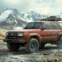 a muddy Toyota 4Runner parked in the mountains