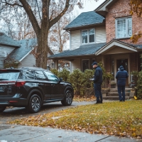 a couple of men assessing a car parked in a driveway