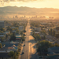 wide road in the city and buildings on both sides and mountains in the background