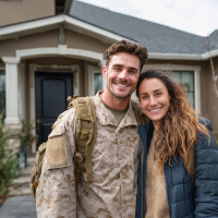 young military couple standing in front of a new house