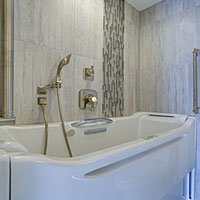 contemporary bathroom design with walk-in bathtub and safety features