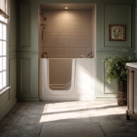a walk-in tub in a bathroom