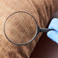 gloved hand holding magnifying glass looking for bedbugs on furniture fabric