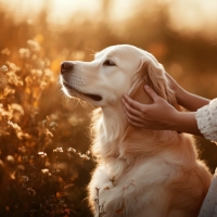 a golden retriever sitting in a field
