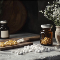 a flower vase and two medicine bottles beside yellow capsules and white tablets