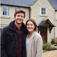 couple standing in front of a house