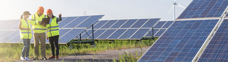 three workers on a solar power farm
