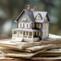 miniature house placed on top of a stack of dollar bills