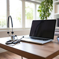 a stethoscope and a laptop on a table