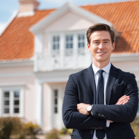 real estate agent standing in front of a new home