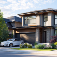 modern two-story home with small front yard and car parked in front of garage