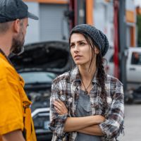 two people talking in a car repair shop with a car behind them with an open hood