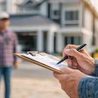 a person writing on a clipboard with a house in in the background