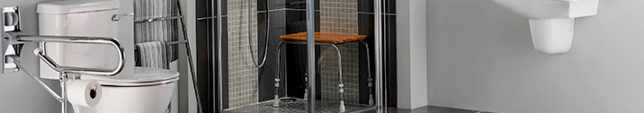 Gray toned bathroom with grab bars