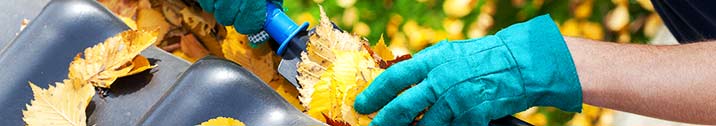 Person with blue gloves cleaning out gutters