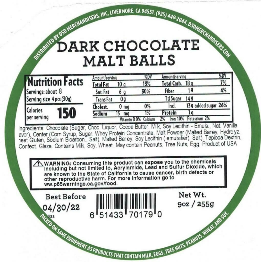 DSD Merchandisers recalls Dark Chocolate Malt Balls