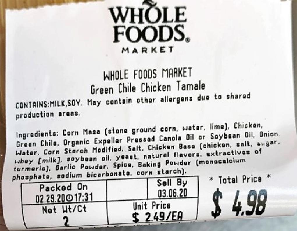 Whole Foods recalls Green Chile Chicken Tamales.