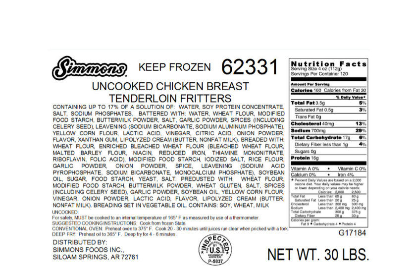 Simmons Prepared Foods recalls chicken products