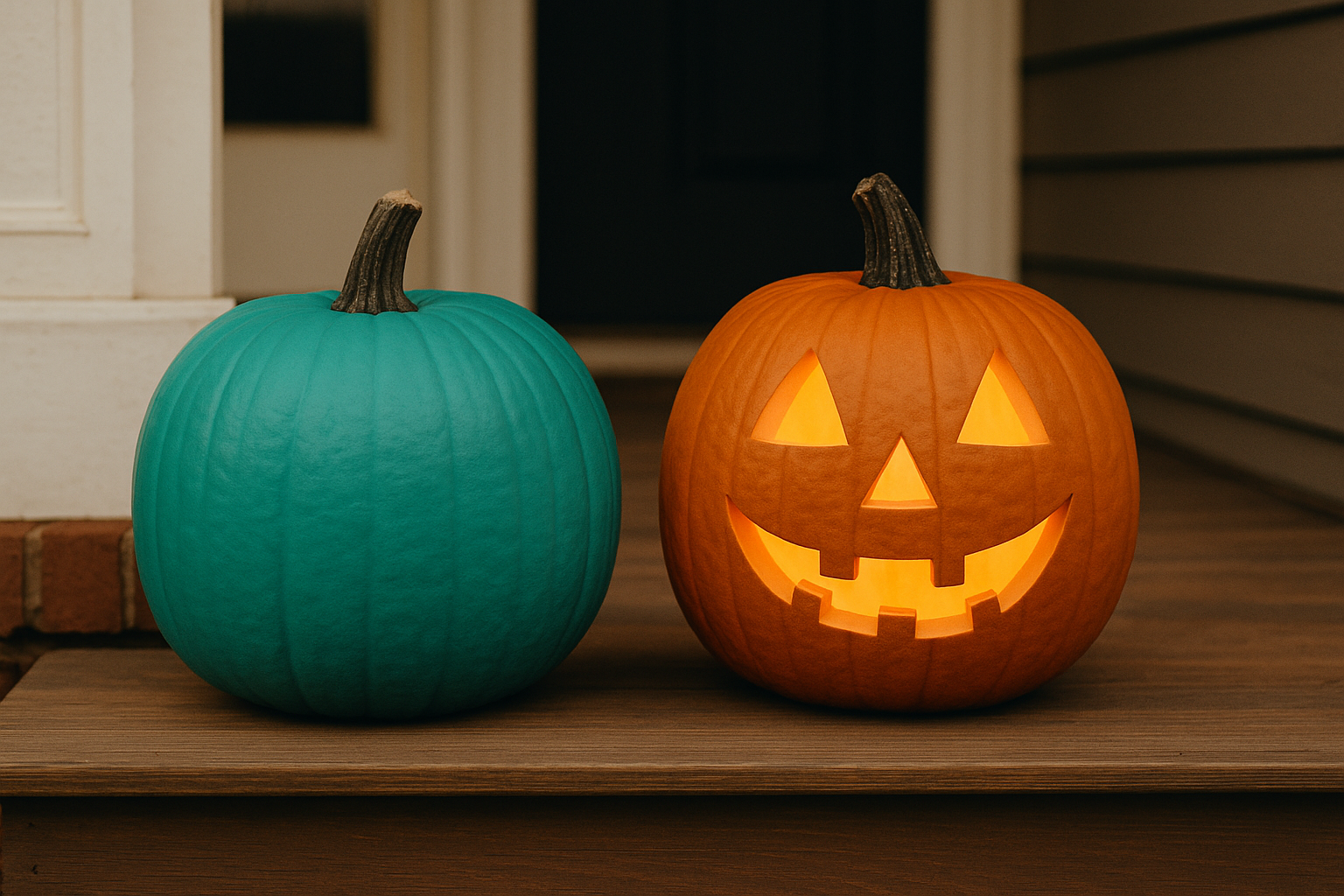 Teal pumpkin on porch for allergy-friendly Halloween treats