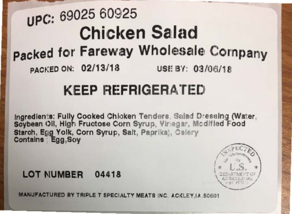 Triple T Specialty Meats recalls chicken salad