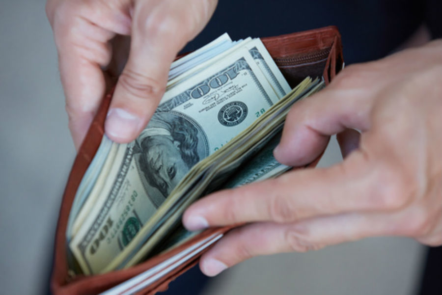 Woman In Suit With Leather Purse Full Of US Dollars. Conception Of Safe  Storage And Protection Of Cash. Financial Theme. Vertical View. Stock  Photo, Picture and Royalty Free Image. Image 50856499.