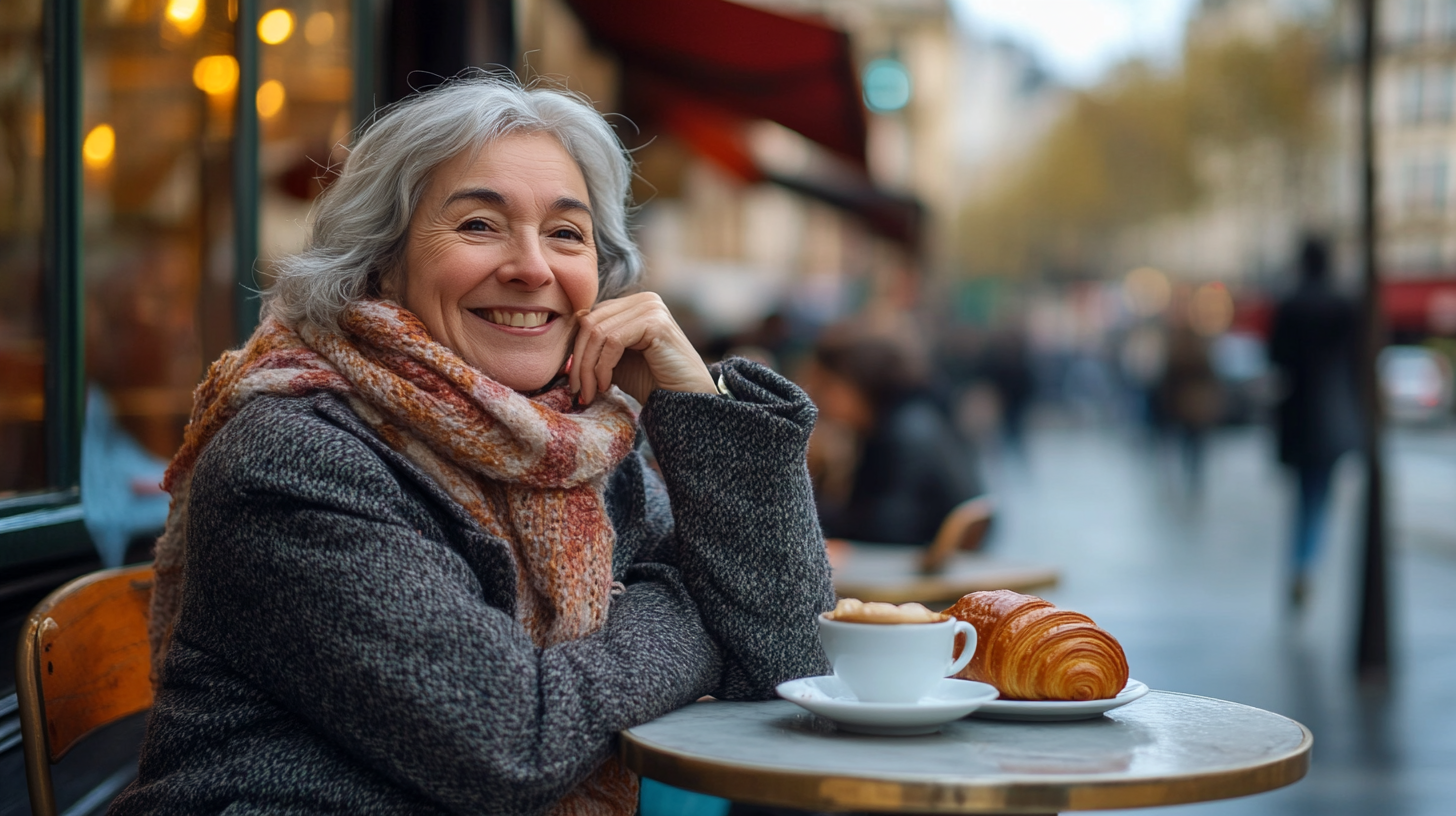 An older woman sitting having a coffee alone
